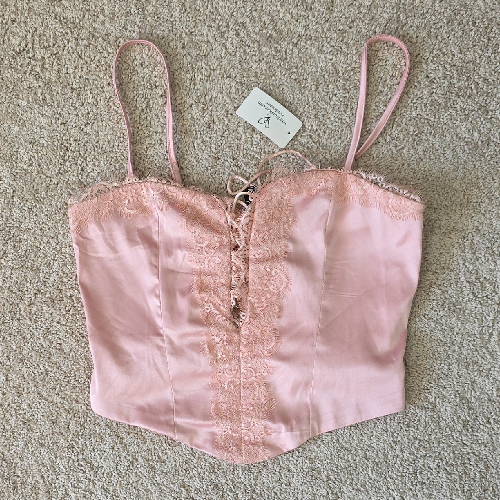 Pink Satin And Lace Crop Corset Top